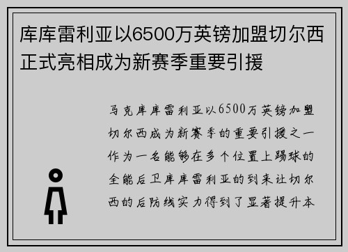 库库雷利亚以6500万英镑加盟切尔西正式亮相成为新赛季重要引援