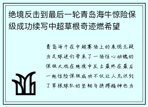 绝境反击到最后一轮青岛海牛惊险保级成功续写中超草根奇迹燃希望 绝境反击到最后一轮青岛海牛惊险保级成功续写中超草根奇迹燃希望